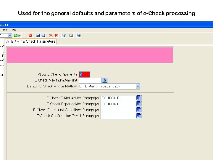 Used for the general defaults and parameters of e-Check processing 