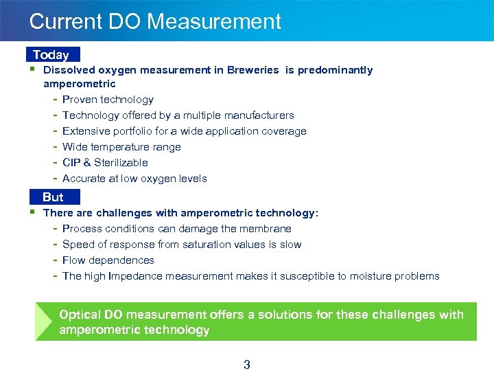 Current DO Measurement Today § Dissolved oxygen measurement in Breweries is predominantly amperometric -