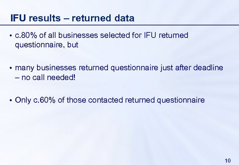 IFU results – returned data • c. 80% of all businesses selected for IFU