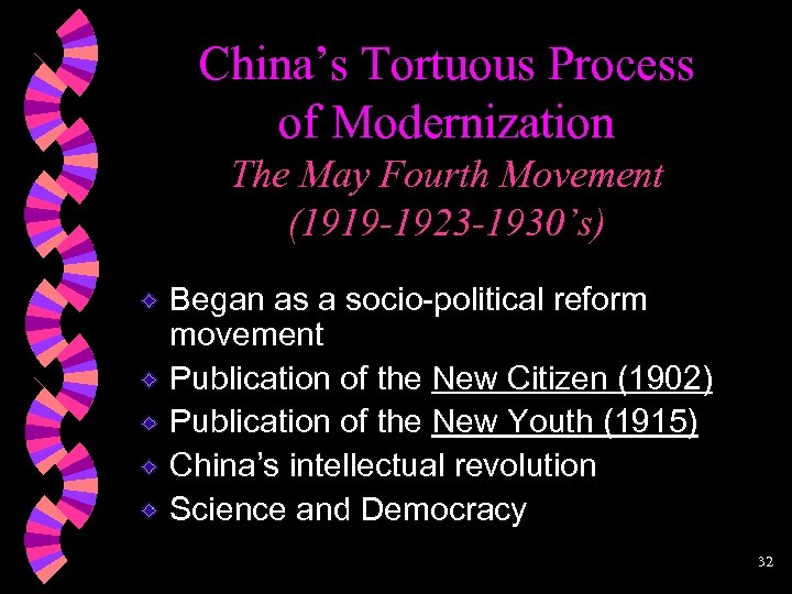 China’s Tortuous Process of Modernization The May Fourth Movement (1919 -1923 -1930’s) Began as