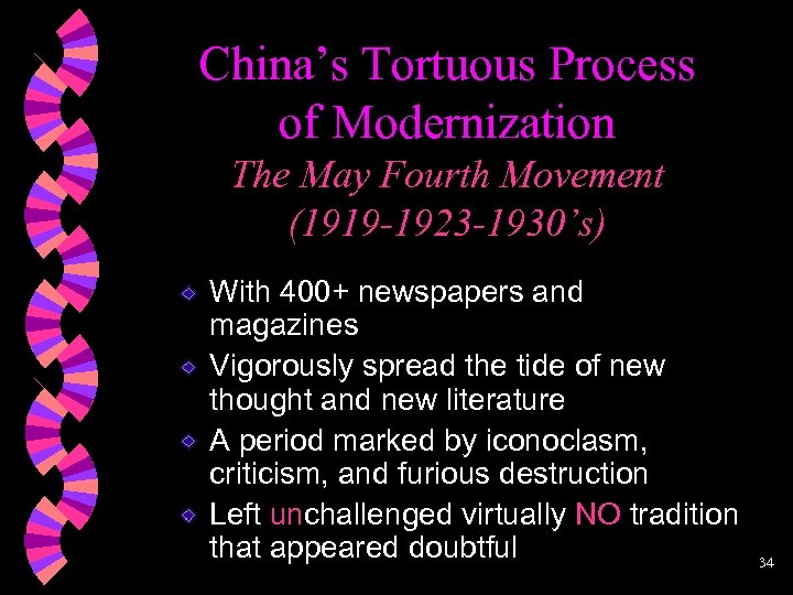 China’s Tortuous Process of Modernization The May Fourth Movement (1919 -1923 -1930’s) With 400+