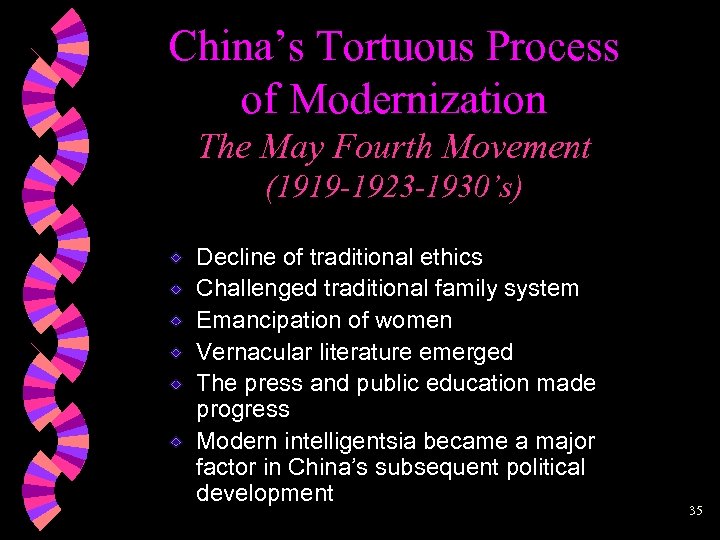 China’s Tortuous Process of Modernization The May Fourth Movement (1919 -1923 -1930’s) Decline of