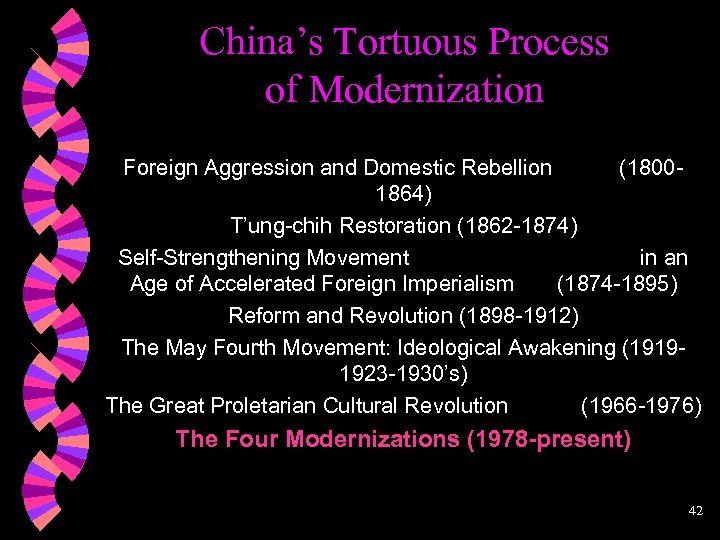 China’s Tortuous Process of Modernization Foreign Aggression and Domestic Rebellion (18001864) T’ung-chih Restoration (1862