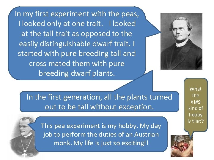 In my first experiment with the peas, I looked only at one trait. I