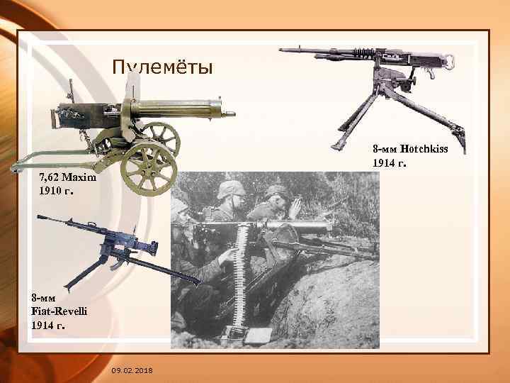 Пулемёты 8 -мм Hotchkiss 1914 г. 7, 62 Maxim 1910 г. 8 -мм Fiat-Revelli