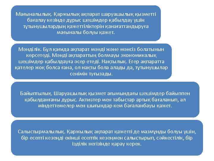 Мағыналылық. Қаржылық ақпарат шаруашылық қызметті бағалау кезінде дұрыс шешімдер қабылдау үшін тұтынушылардың қажеттіліктерін қанағаттандыруға