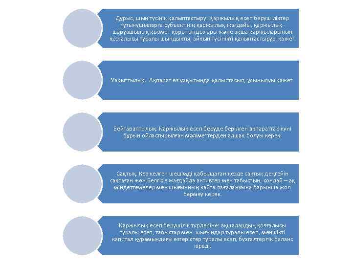 Дұрыс, шын түсінік қалыптастыру. Қаржылық есеп берушіліктер тұтынушыларға субъектінің қаржылық жағдайы, қаржылықшаруашылық қызмет қорытындылары