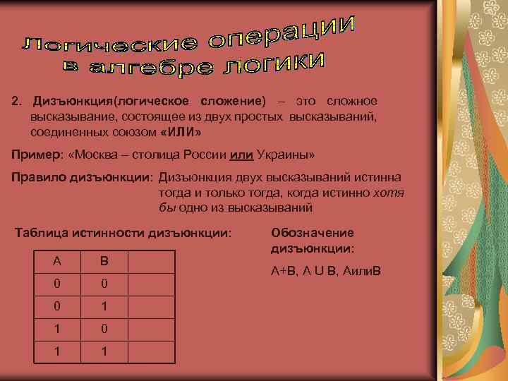 2. Дизъюнкция(логическое сложение) – это сложное высказывание, состоящее из двух простых высказываний, соединенных союзом
