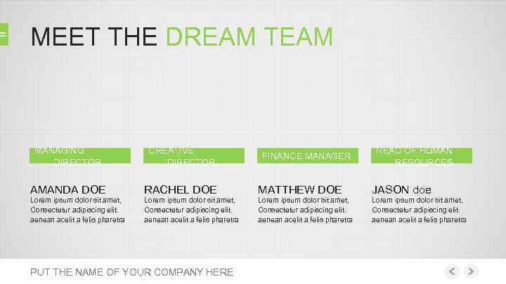 MEET THE DREAM TEAM MANAGING DIRECTOR CREATIVE DIRECTOR AMANDA DOE RACHEL DOE MATTHEW DOE