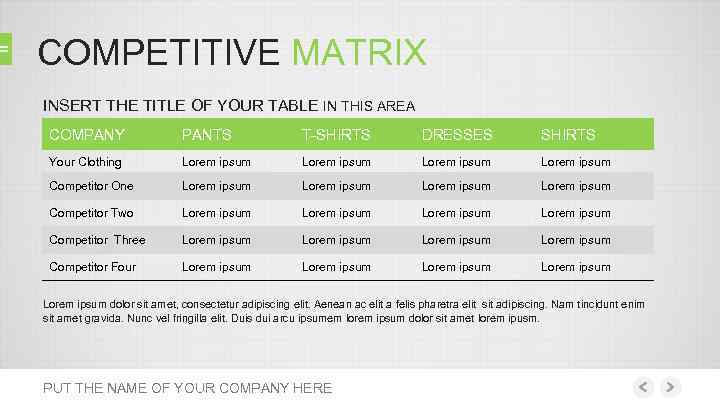 COMPETITIVE MATRIX INSERT THE TITLE OF YOUR TABLE IN THIS AREA COMPANY PANTS T-SHIRTS