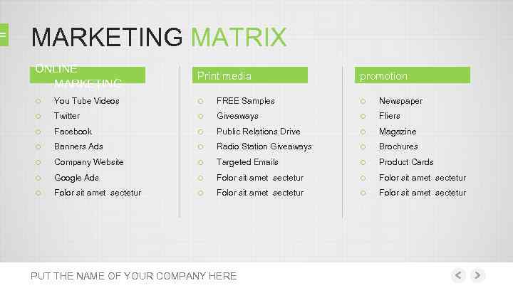 MARKETING MATRIX ONLINE MARKETING Print media promotion o o o o o o You