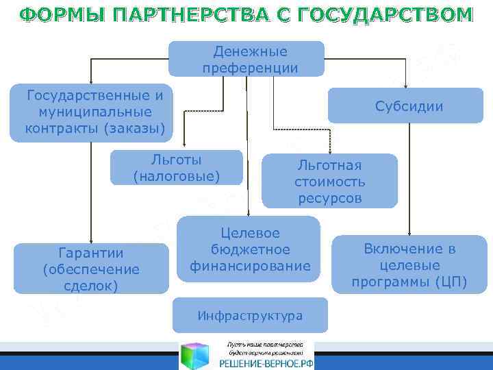 ФОРМЫ ПАРТНЕРСТВА С ГОСУДАРСТВОМ Денежные преференции Государственные и муниципальные контракты (заказы) Субсидии Льготы (налоговые)