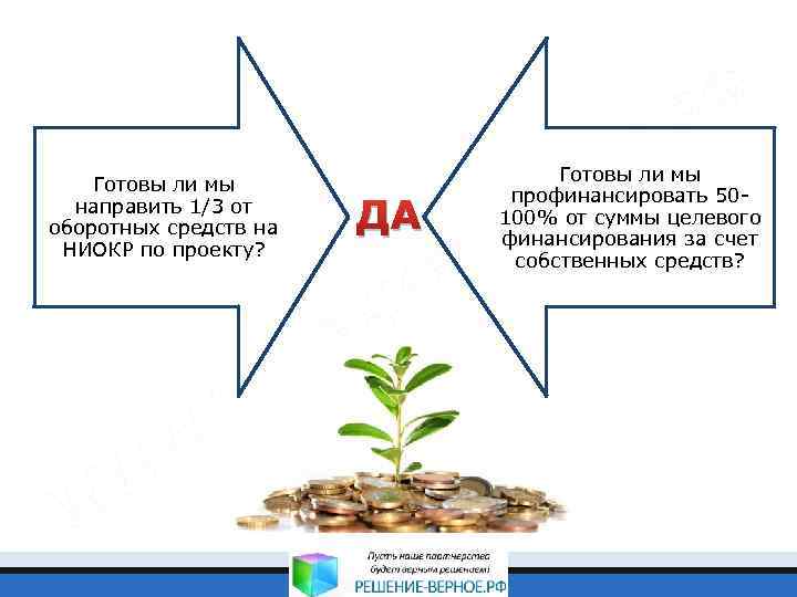 Готовы ли мы направить 1/3 от оборотных средств на НИОКР по проекту? ДА Готовы