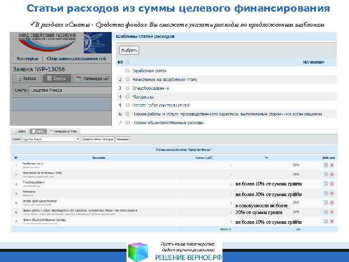 Статьи расходов из суммы целевого финансирования üВ разделе «Сметы - Средства фонда» Вы сможете