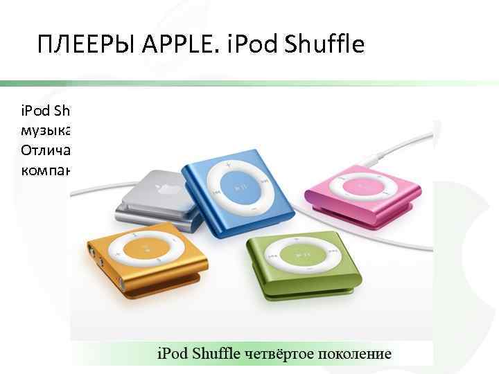 ПЛЕЕРЫ APPLE. i. Pod Shuffle — миниатюрный музыкальный проигрыватель. Отличается от других плееров компании