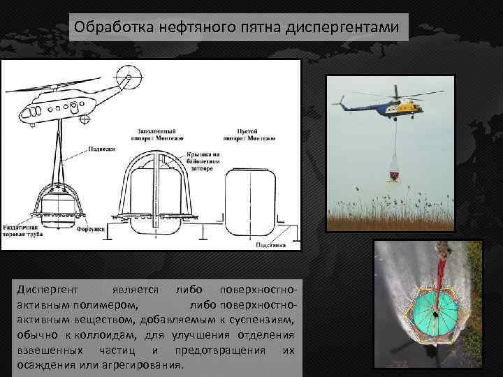 Обработка нефтяного пятна диспергентами Диспергент является либо поверхностно активным полимером, либо поверхностно активным веществом,