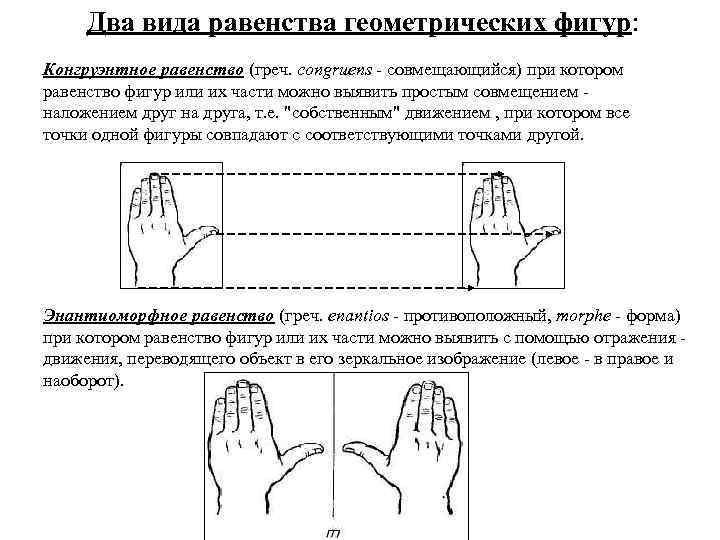 Два вида равенства геометрических фигур: Конгруэнтное равенство (греч. congruens - совмещающийся) при котором равенство