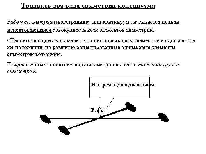 Тридцать два вида симметрии континуума Видом симметрии многогранника или континуума называется полная неповторяющаяся совокупность