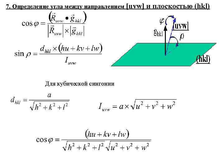 7. Определение угла между направлением [uvw] Для кубической сингонии и плоскостью (hkl) 