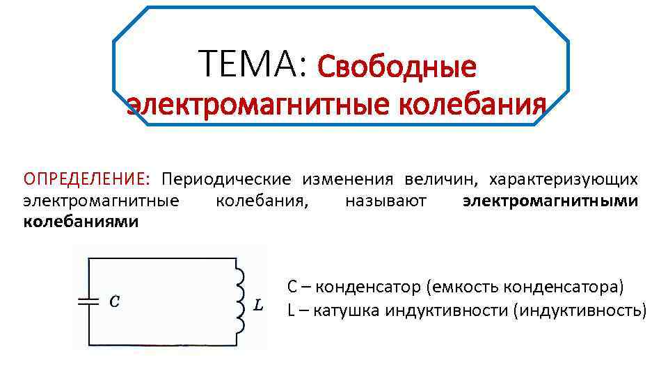 ТЕМА: Свободные электромагнитные колебания ОПРЕДЕЛЕНИЕ: Периодические изменения величин, характеризующих электромагнитные колебания, называют электромагнитными колебаниями