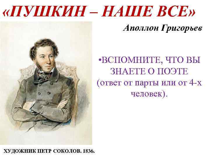  «ПУШКИН – НАШЕ ВСЕ» Аполлон Григорьев • ВСПОМНИТЕ, ЧТО ВЫ ЗНАЕТЕ О ПОЭТЕ