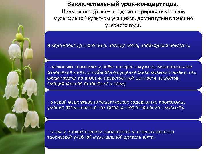 Заключительный урок-концерт года. Цель такого урока – продемонстрировать уровень музыкальной культуры учащихся, достигнутый в