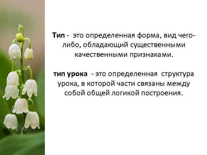 Тип - это определенная форма, вид чеголибо, обладающий существенными качественными признаками. тип урока -