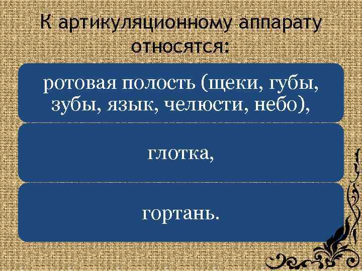 К артикуляционному аппарату относятся: ротовая полость (щеки, губы, зубы, язык, челюсти, небо), глотка, гортань.