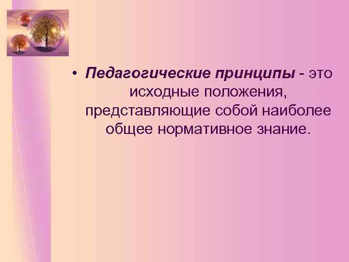  • Педагогические принципы - это исходные положения, представляющие собой наиболее общее нормативное знание.