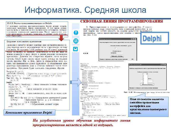 Информатика. Средняя школа СКВОЗНАЯ ЛИНИЯ ПРОГРАММИРОВАНИЯ Delphi … Консольное приложение Delphi Поле со списком