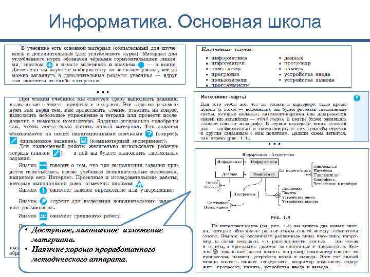 Информатика. Основная школа … … • Доступное, лаконичное изложение материала. • Наличие хорошо проработанного