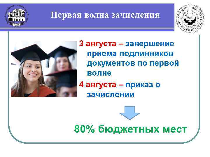 Первая волна зачисления 3 августа – завершение приема подлинников документов по первой волне 4