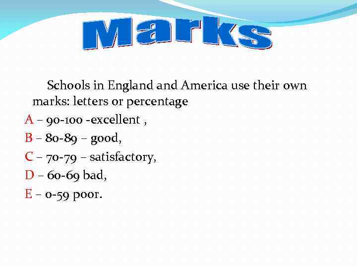 Schools in England America use their own marks: letters or percentage A – 90