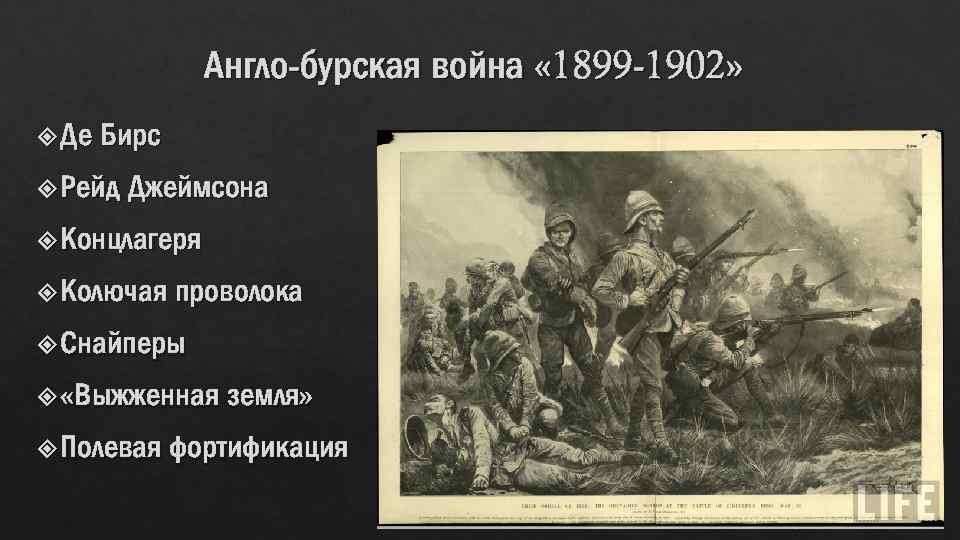 Англо-бурская война « 1899 -1902» Де Бирс Рейд Джеймсона Концлагеря Колючая проволока Снайперы «Выжженная