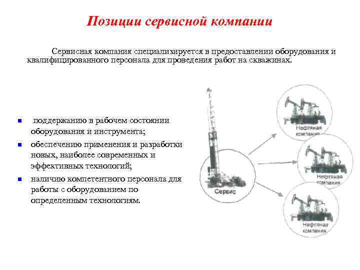 Позиции сервисной компании Сервисная компания специализируется в предоставлении оборудования и квалифицированного персонала для проведения