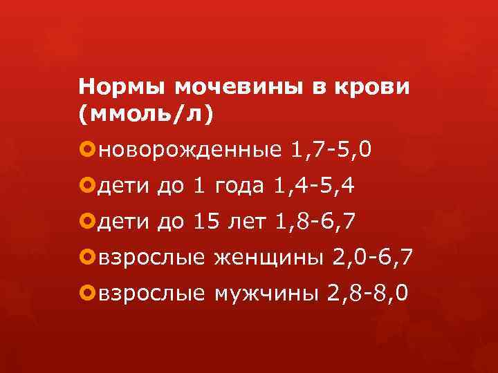 Нормы мочевины в крови (ммоль/л) новорожденные 1, 7 -5, 0 дети до 1 года