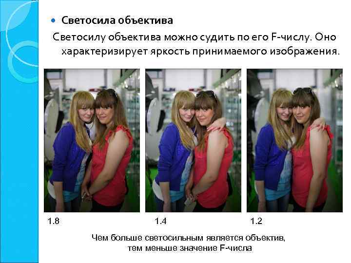 Светосила объектива Светосилу объектива можно судить по его F-числу. Оно характеризирует яркость принимаемого изображения.
