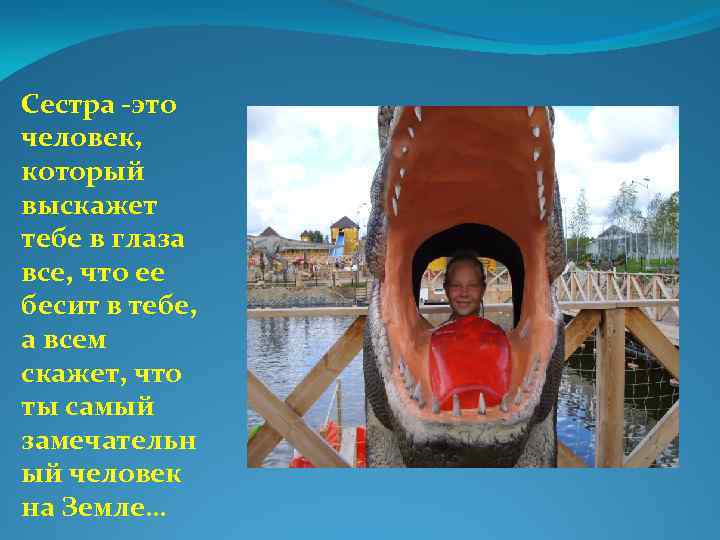 Сестра -это человек, который выскажет тебе в глаза все, что ее бесит в тебе,