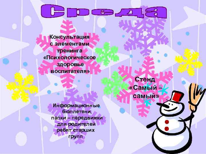 Консультация с элементами тренинга «Психологическое здоровье воспитателя» Стенд «Самый – самый» Информационные бюллетени, папки