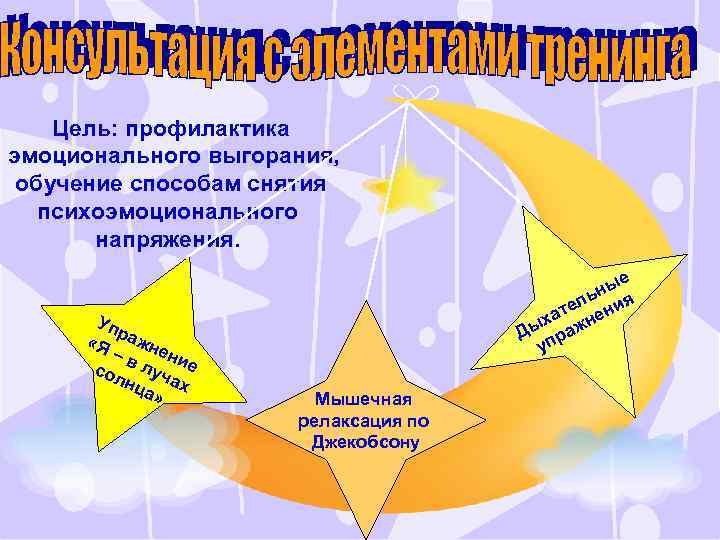 Цель: профилактика эмоционального выгорания, обучение способам снятия психоэмоционального напряжения. Уп р «Я ажн –