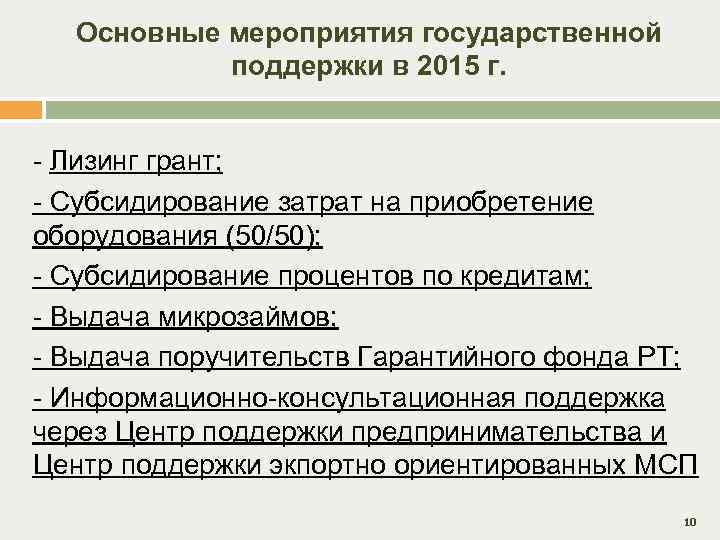 Основные мероприятия государственной поддержки в 2015 г. - Лизинг грант; - Субсидирование затрат на