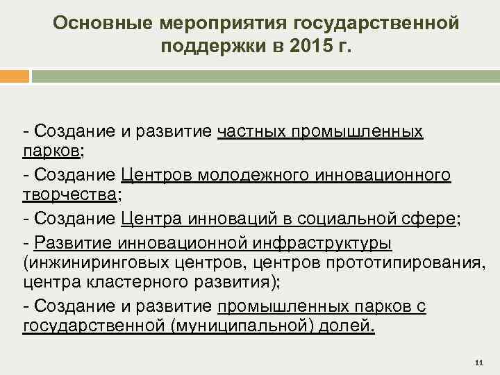 Основные мероприятия государственной поддержки в 2015 г. - Создание и развитие частных промышленных парков;