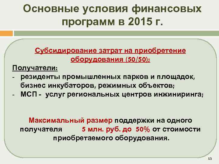 Основные условия финансовых программ в 2015 г. Субсидирование затрат на приобретение оборудования (50/50); Получатели: