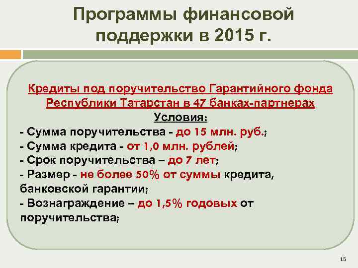 Программы финансовой поддержки в 2015 г. Кредиты под поручительство Гарантийного фонда Республики Татарстан в