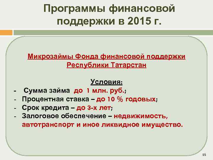 Программы финансовой поддержки в 2015 г. Микрозаймы Фонда финансовой поддержки Республики Татарстан - Условия: