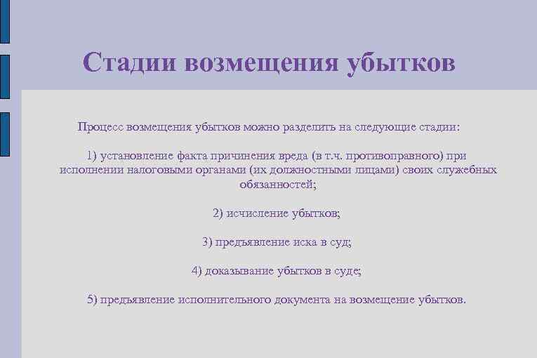 Стадии возмещения убытков Процесс возмещения убытков можно разделить на следующие стадии: 1) установление факта