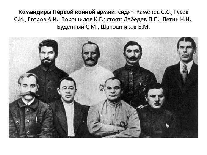 Командиры Первой конной армии: сидят: Каменев С. С. , Гусев С. И. , Егоров