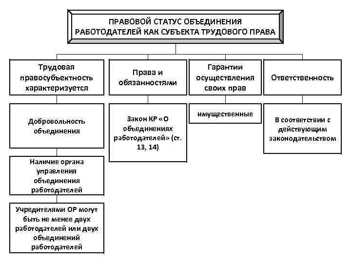 Объединение статус. Правовой статус работодателя схема. Содержание правового статуса субъектов трудового права. Правовой статус субъектов трудового права схема. Правовой статус объединения работодателей.