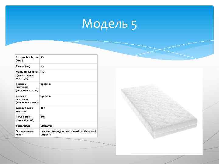 Модель 5 Гарантийный срок 36 (мес. ) Высота (см) 20 Макс. нагрузка на одно