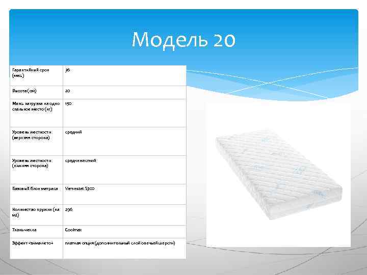Модель 20 Гарантийный срок (мес. ) 36 Высота (см) 20 Макс. нагрузка на одно